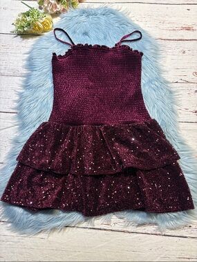 Art Class Sparkly Burgundy Tiered Velvet Mini Dress sz XL